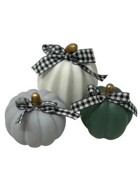 Farmhouse Pumpkin Trio White Gray Green Buffalo Check Ribbon Fall Decor Set